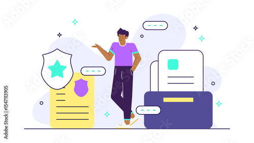 Illustration showing a man presenting secure online identity documents. Suitable for cybersecurity concepts, data protection, and identity verification graphics.