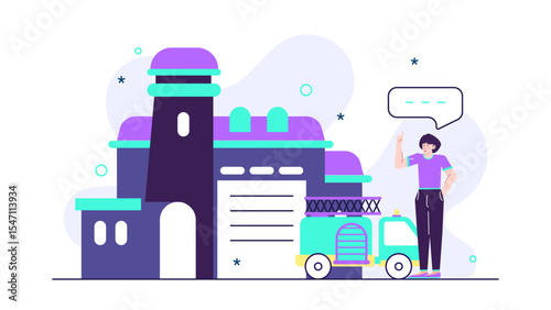 Person beside a fire station and firetruck; suitable for firefighter themed designs, emergency services promotions, and fire safety campaigns.