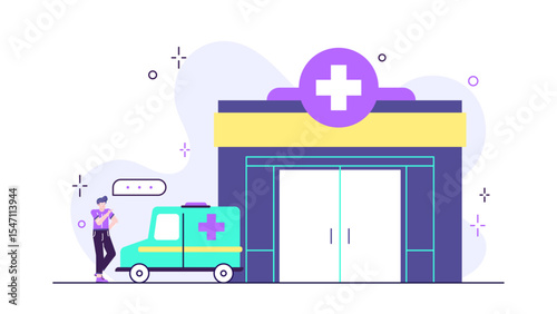 Man driving an ambulance and arriving at a hospital. Suitable for medical and emergency care concepts in both print and digital media.