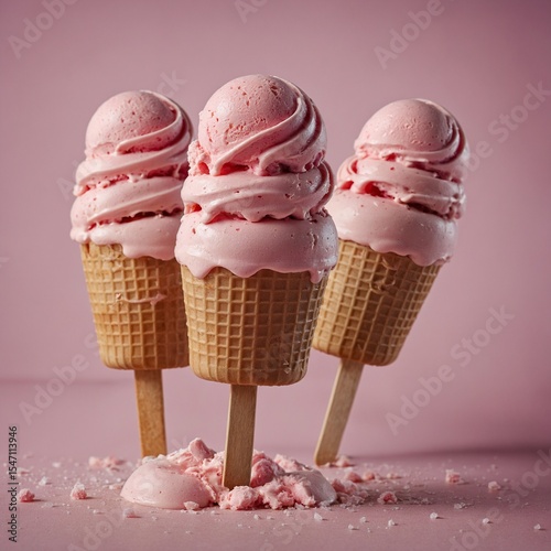 Delicious pink ice cream pops on a pastel background

