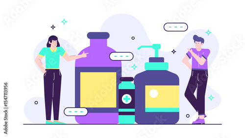 Two people holding hand sanitizer and medicine, perfect for healthcare, medicine, pandemic, prevention, and hygiene related concepts in designs and campaigns.