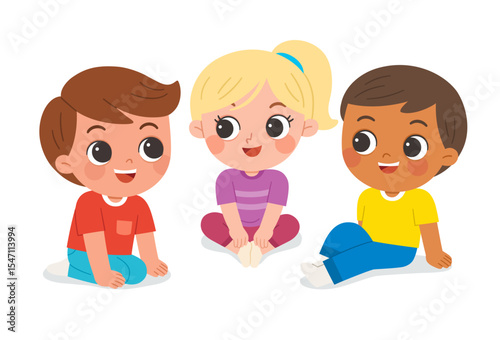 Diverse group of happy kids sitting and chatting together in preschool setting. Children's communication.