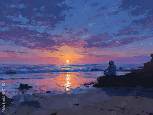 Astronaut Sitting on Beach Watching Sunset Over Ocean Waves Artwork photo
