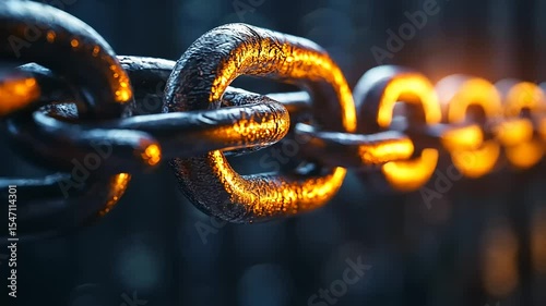 Close-up of a metallic chain link illuminated by warm light against a dark background, showcasing texture