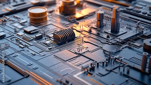 Intricate close-up of a futuristic circuit board with glowing components and detailed pathways
