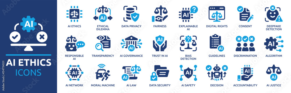 AI ethics icon set. Containing data privacy, guidelines, artificial intelligence, ethical dilemma, bias detection, fairness, explainable AI, transparency and more. Solid vector icons collection.