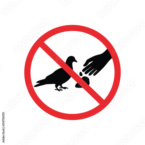 No Feeding Birds Sign with Pigeon and Hand Silhouette Inside Red Circle Warning Illustration

