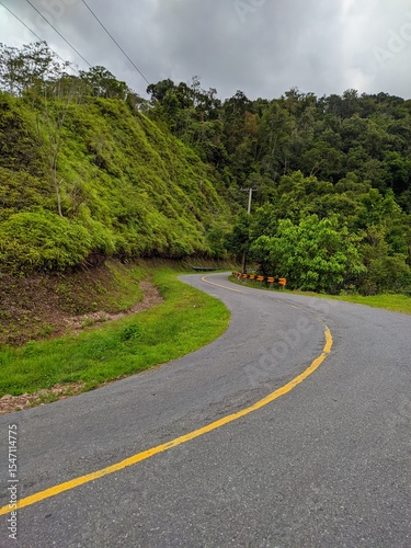 A winding road curves through a lush, green landscape, enhanced by natural light and vibrant colors