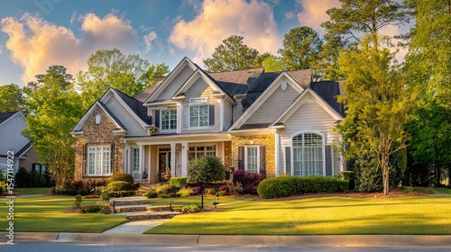 Elegant suburban home with brick and siding textures, manicured lawn and pathway lighting, bathed in golden sunlight - timeless charm and modern co
﻿