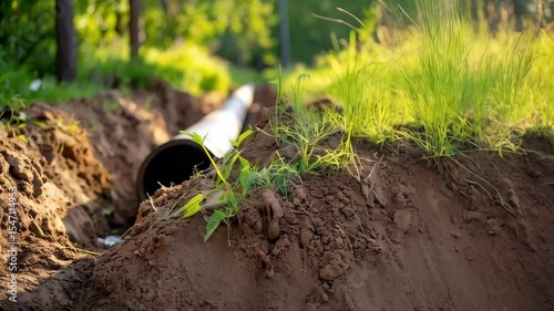 Black plastic corrugated drainage pipe laid in a trench within a natural grassy landscape for underground installation.