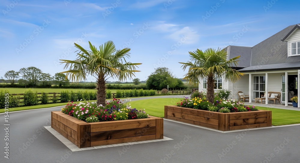 Fototapeta premium Two wooden planter boxes filled with flowers and palm trees flank a driveway leading to a house. Green fields and blue sky in the background.