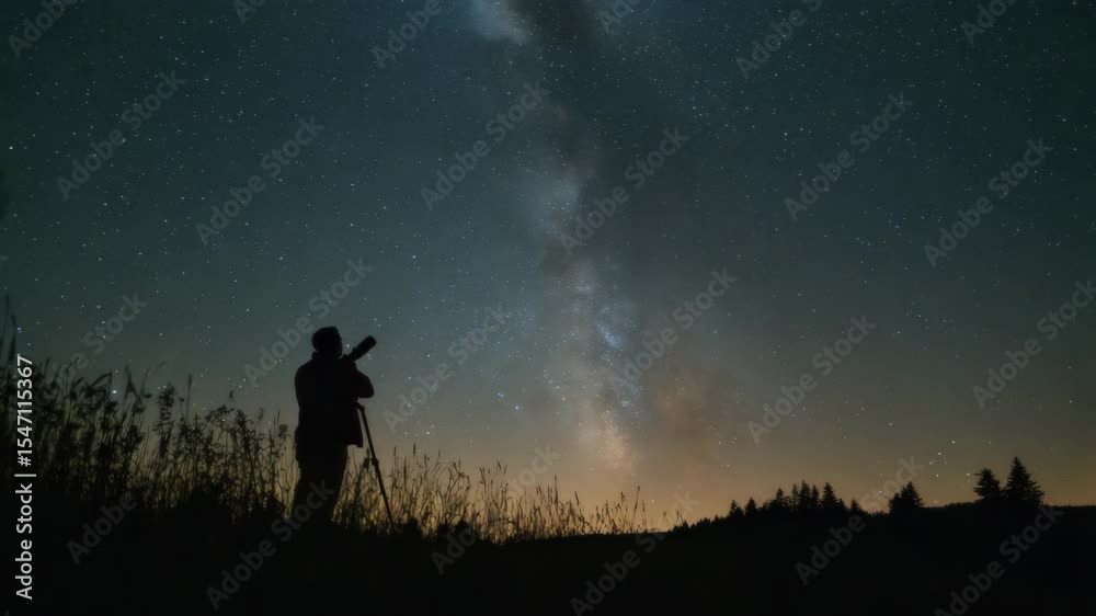 Stargazer observing the Milky Way through telescope in night sky Stargazer observing the Milky Way through telescope in night sky