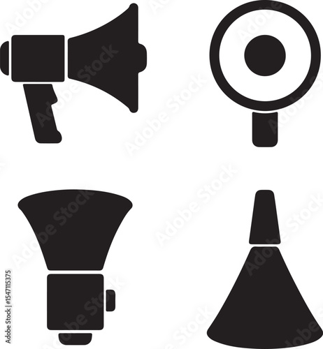 Megaphone silhouette icons set side, front, back, and top views vector art illustration