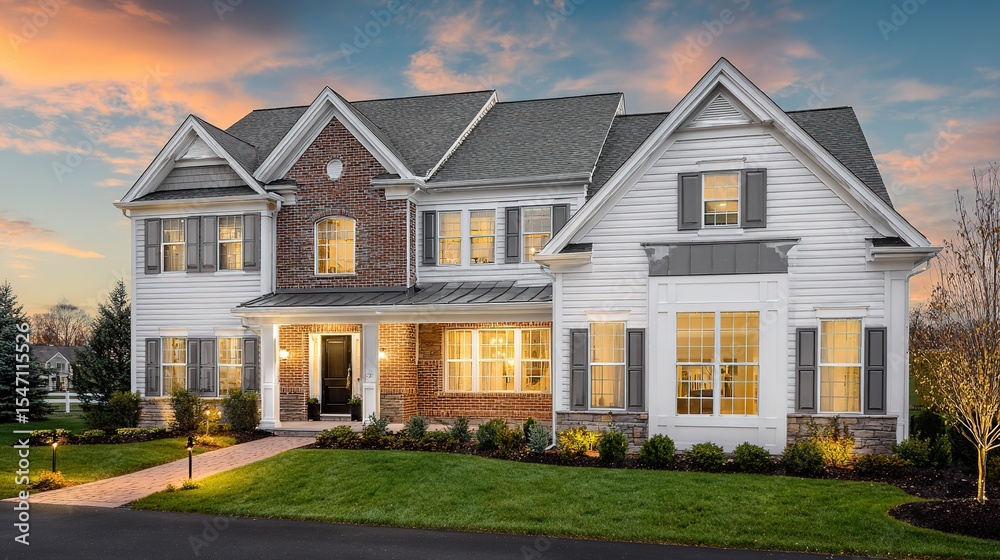 Obraz premium Elegant suburban home with brick and siding textures, manicured lawn and pathway lighting, bathed in golden sunlight - timeless charm and modern co ﻿