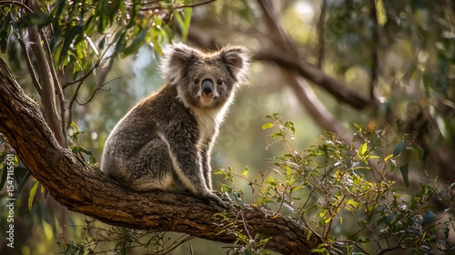 Koala sitting on a eucalyptus tree trunk with fresh green leaves around it, lush Australian forest background with bright sunlight shining through the lush forest. AI generated images.