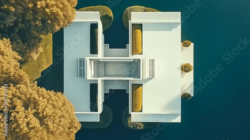 Aerial view of a modern architectural structure surrounded by greenery and water, showcasing tranquility