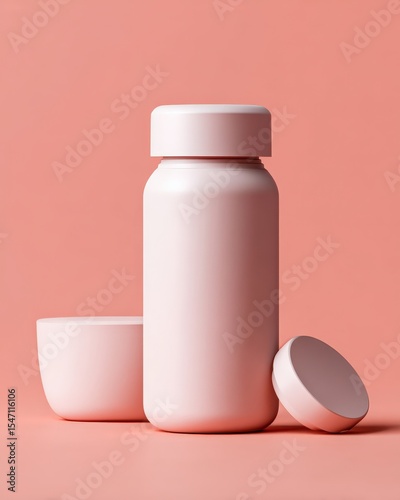 Pink Bottle with Lid and Pedestal on Pink Background