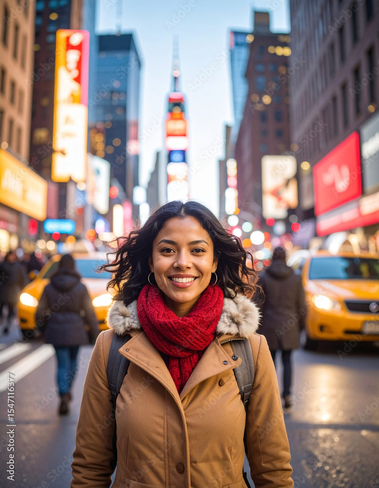 Fototapeta premium Hispanic woman in tan parka and red scarf smiling in Times Square
