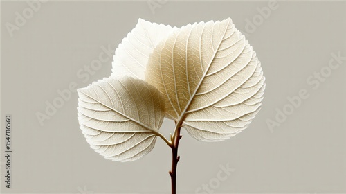 Three Cream Leaves on Stem, Beige Background