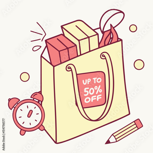 School Supplies Discount Promotion – Shopping Bag, Books, Alarm Clock and Sale Tag Illustration
