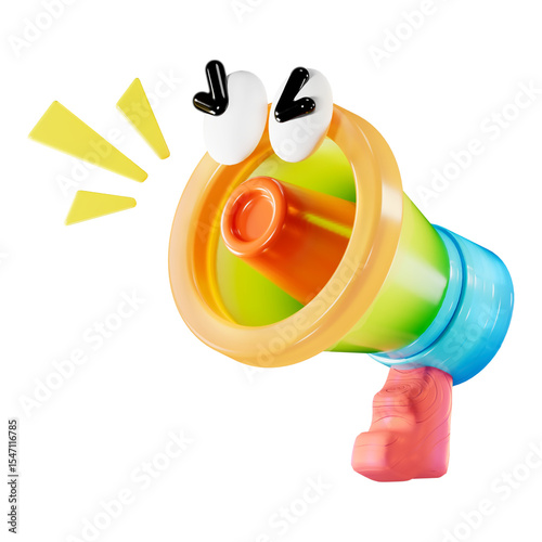 3D cute megaphone character with eyes, shouting promotion promo and information 