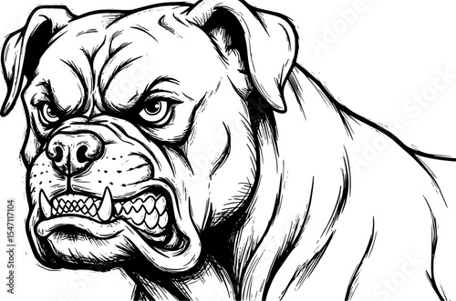 Bulldog Illustration in Black-and-White Graphic Style, angry dog