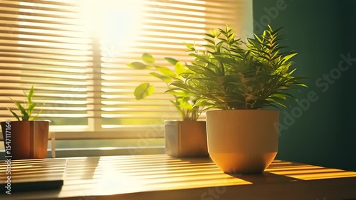 Sunlit indoor plants on a wooden table, casting shadows through blinds in a cozy room
