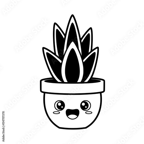 Cute Cactus in Pot with Kawaii Face - Vector Illustration