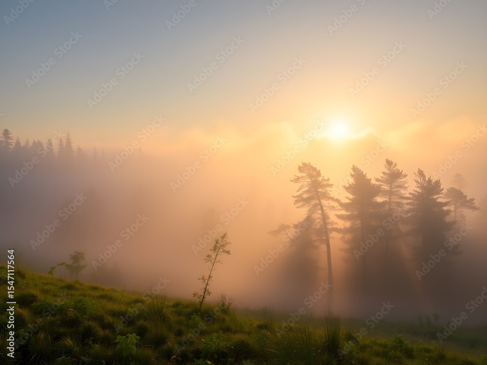 Fototapeta premium Serene Misty Forest Landscape with Golden Morning Light – Ultra HD Nature Background