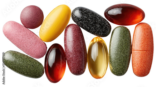 Colorful Supplement Pills: A vibrant collection of various-shaped and colored supplement pills, showcasing a range of vitamins and minerals for health and wellness.
