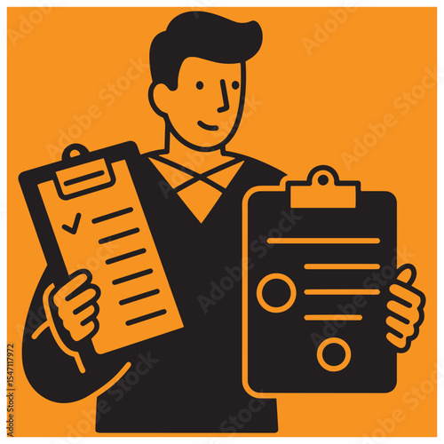 A smiling man holding clipboards illustrating business task management and success concept