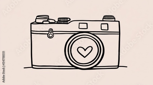 Captured Moments of Affection: a Simple Camera with a Heart-Shaped Lens. A clean, elegant black and white illustration of a vintage camera featuring a heart-shaped lens.