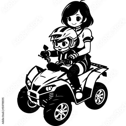 Sketchy sport emblem of Sister and little brother riding a kids quad bike. Engraving minimalistic vector in black ink drawing on transparent background