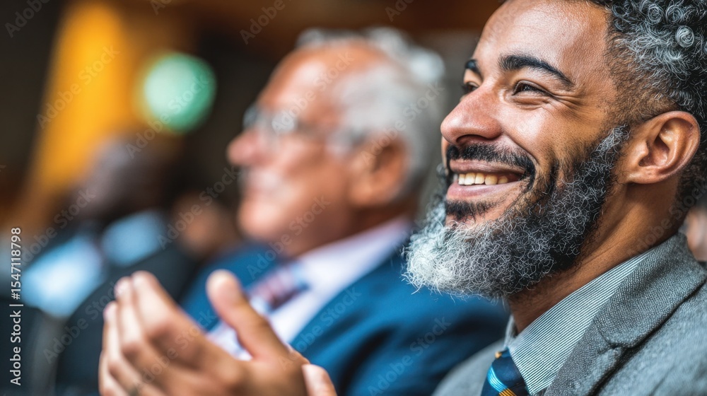 Genuine Applause: A distinguished man radiates pure joy as he claps enthusiastically, his face lit up with a radiant smile, showing positive feedback in an environment of colleagues. Genuine Applause: A distinguished man radiates pure joy as he claps enthusiastically, his face lit up with a radiant smile, showing positive feedback in an environment of colleagues.