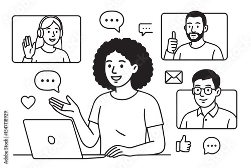 Black and white vector image of multiple users on a video call, perfect for representing virtual meetings, remote work, and digital communication platforms.









