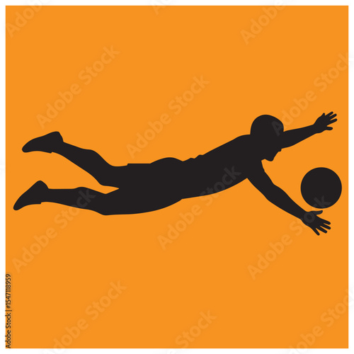 Black silhouette of a football player diving to save a goal in sports activity