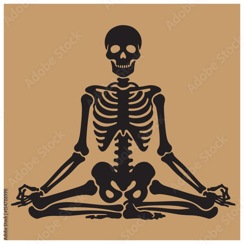 Black silhouette of a human skeleton meditating in the lotus position on a tan background