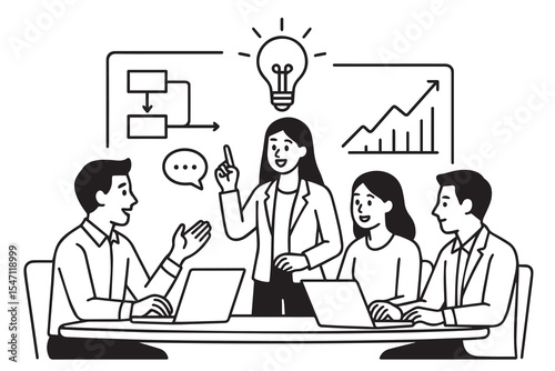 Vector illustration of several people in a business meeting discussing economic issues, designed in black and white with clean, minimalist line art.

