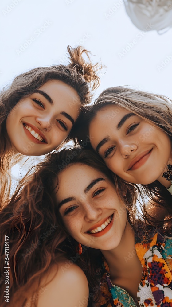 Obraz premium 15. A group of friends smiling under a bright white background