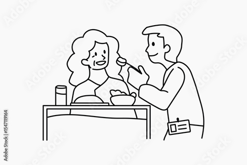 Male nurse feeding elderly patient doodle collage element vector