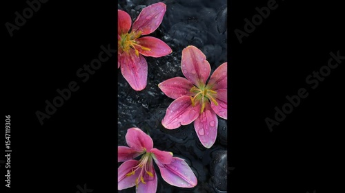 Pink lilies and black pebbles in streams of water.Beautiful vertical videos with moving water and delicate flowers.Floral wallpaper with water drops and streams. Relaxation and relaxation.