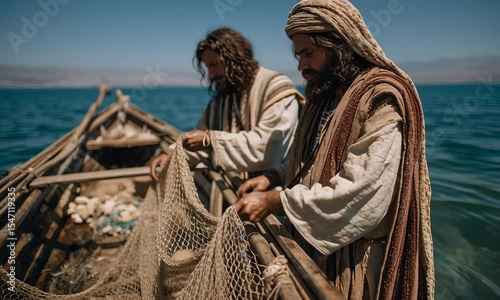 Two individuals engrossed in the task of mending a fishing net aboard a small boat, their faces marked by concentration and purpose. They are on a peaceful sea under a radiant sun.