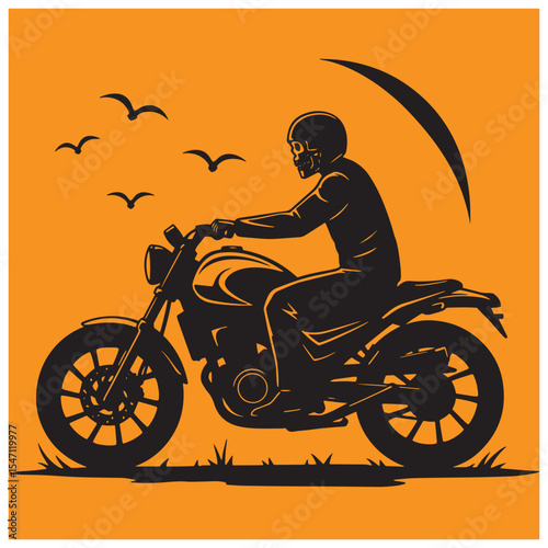 Silhouette illustration of a skull headed biker riding a motorcycle with birds in flight