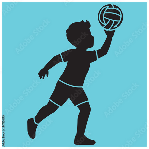 Silhouette of a boy preparing to serve a volleyball on a turquoise background