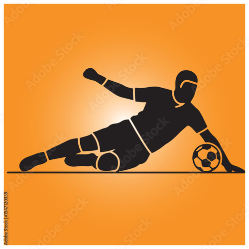 Silhouette of a football player sliding to save the goal with a soccer ball orange background