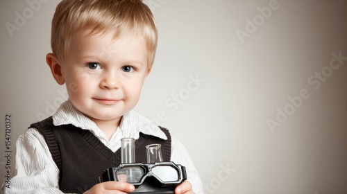 Curious Explorer: A charming young child, brimming with intellectual curiosity, holds laboratory equipment, his eyes sparkling with an innocent wonder and fascination with scientific inquiry. 