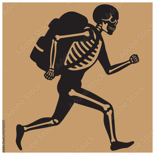 Silhouette of a running skeleton carrying a backpack on a brown background