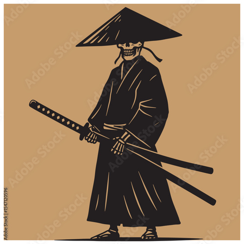 Silhouette of a samurai skeleton wearing a hat and holding two swords on a tan background