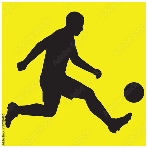 Silhouette of a soccer player kicking a ball on a vibrant yellow background