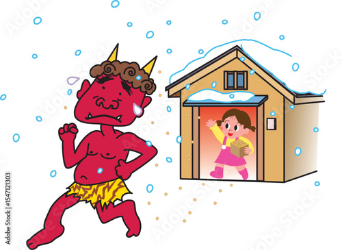 豆をまく女の子と逃げる鬼

